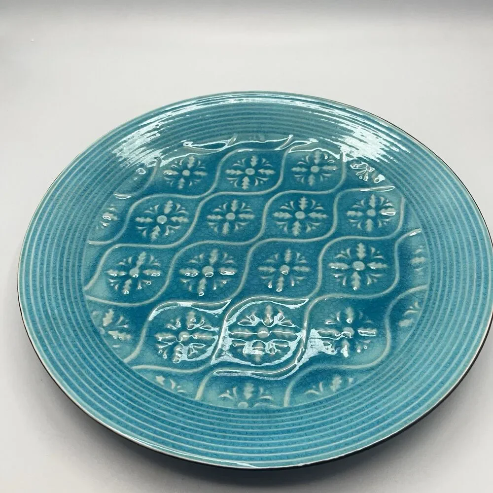 Vintage Set Pier 1 Turquoise Plate Crackle Pattern Stoneware Salad 8.5”  And 11”
